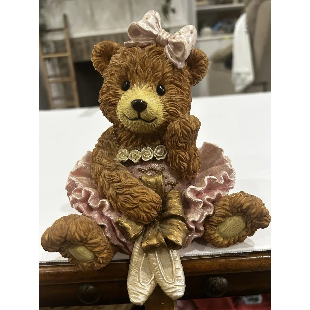 Vintage Teddy Bear Ballerina Resin Figurine W/ Hook Nursery Shelf Decor Dancer
